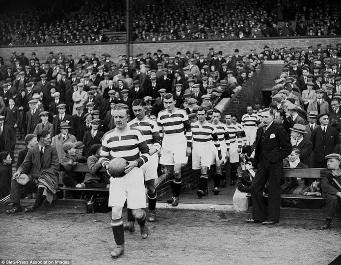 This is the first match after the prince of goalkeepers John Thomson died in a fatal accident at Ibrox. You can almost feel the grief from the silent fans. Normally when the bhoys take to the field at